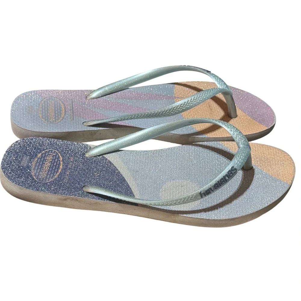 Havaianas Flip Flops Womens 9/10 Multi Color Rubber Slim Glitter Cosmic Beach
